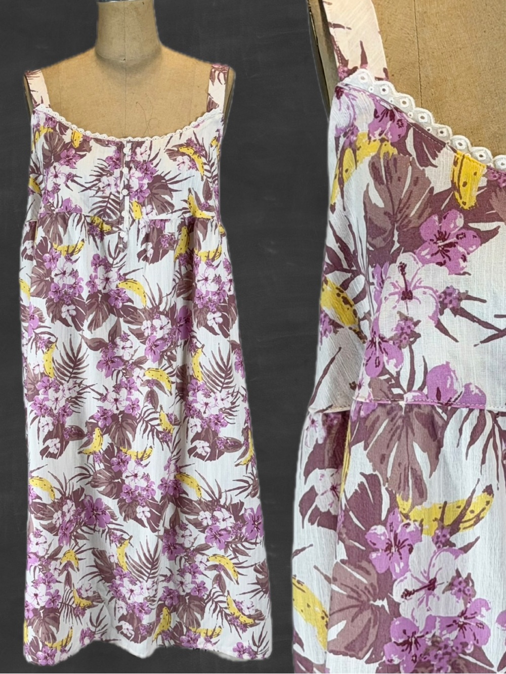 Tropical island floral nightgown 100% cotton midi eyelet lace purple loungewear